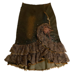 VINTAGE EMBELLISHED WHIMSY DENIM MIDI SKIRT