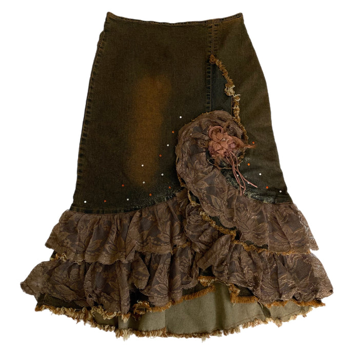 VINTAGE EMBELLISHED WHIMSY DENIM MIDI SKIRT