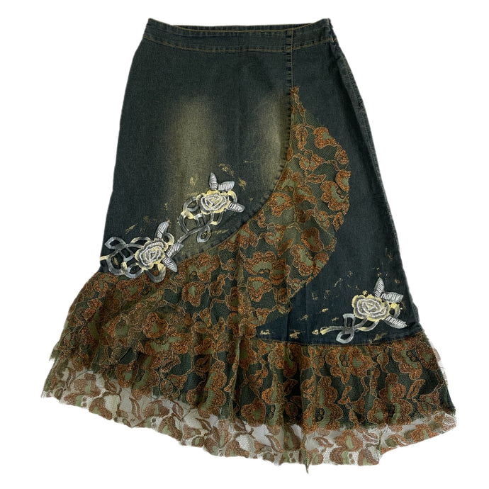 VINTAGE EMBELLISHED WHIMSY DENIM MIDI SKIRT