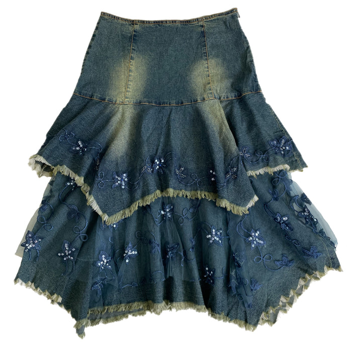 VINTAGE EMBELLISHED WHIMSY DENIM MIDI SKIRT