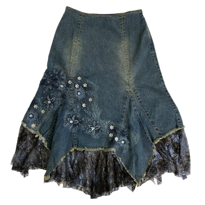 VINTAGE EMBELLISHED WHIMSY DENIM MIDI SKIRT
