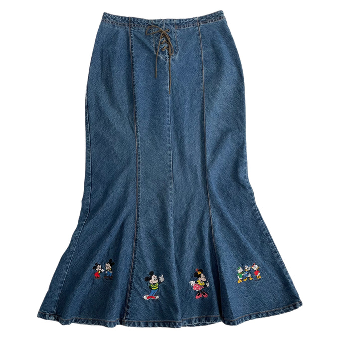 VINTAGE MICKEY AND FRIENDS EMBROIDERED DENIM MAXI SKIRT