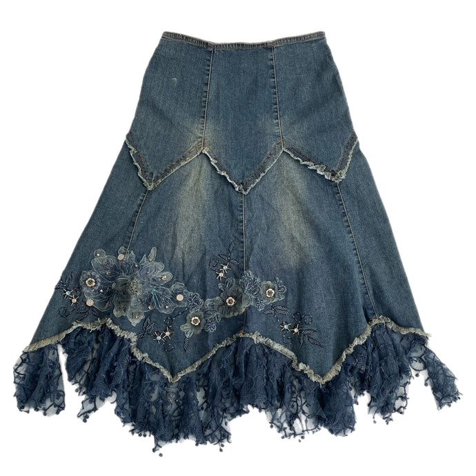 VINTAGE EMBELLISHED WHIMSY DENIM MIDI SKIRT