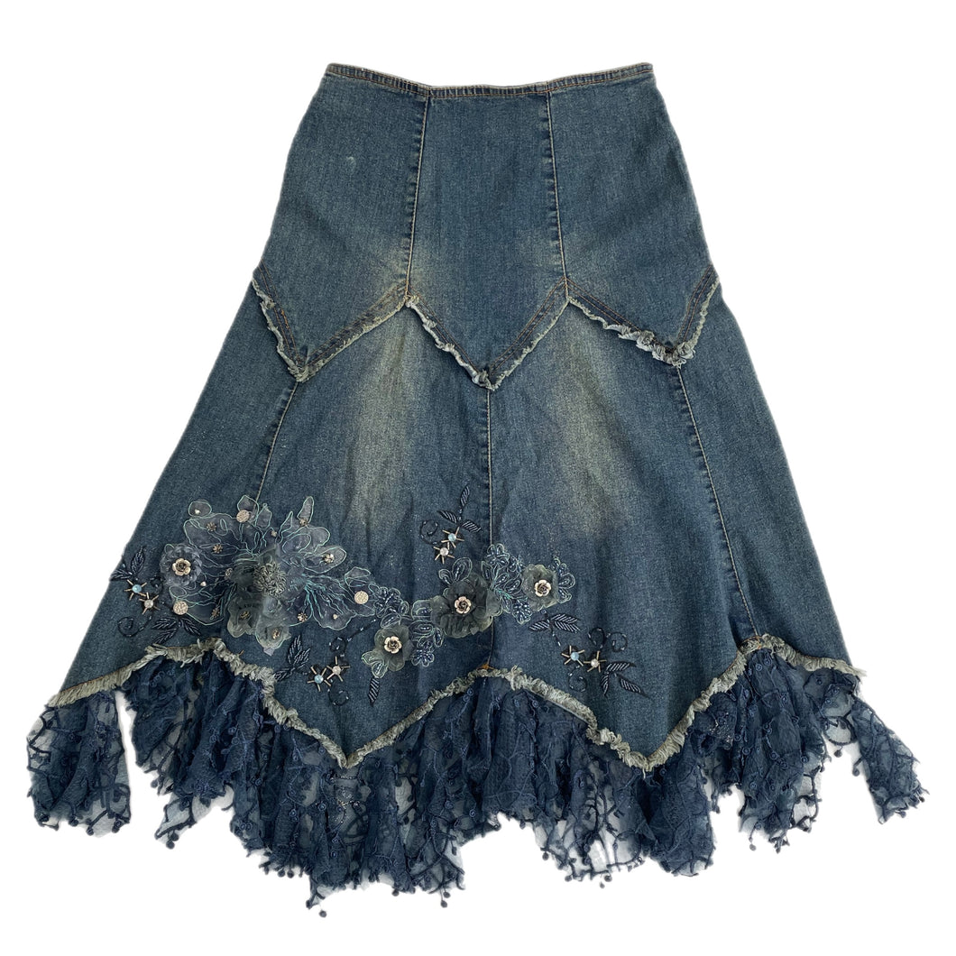 VINTAGE EMBELLISHED WHIMSY DENIM MIDI SKIRT