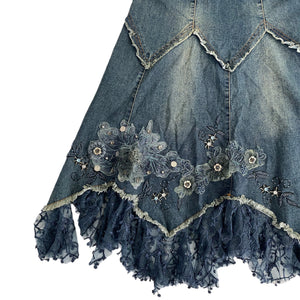 VINTAGE EMBELLISHED WHIMSY DENIM MIDI SKIRT