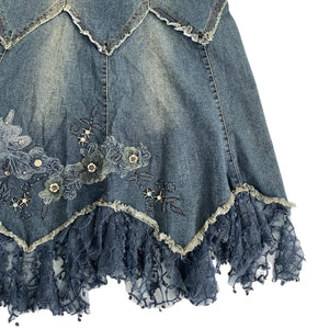 VINTAGE EMBELLISHED WHIMSY DENIM MIDI SKIRT