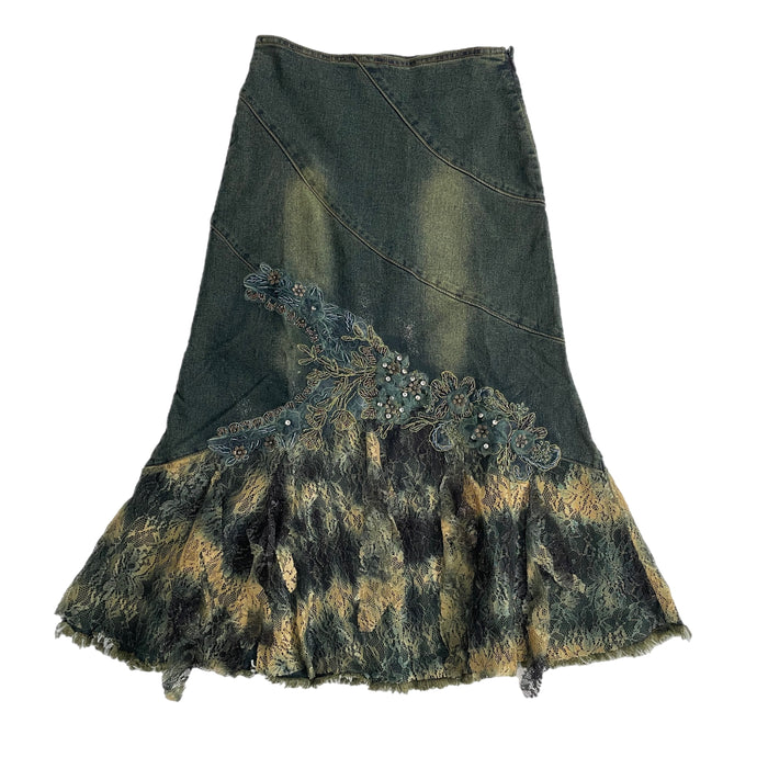 VINTAGE EMBELLISHED WHIMSY DENIM MIDI SKIRT
