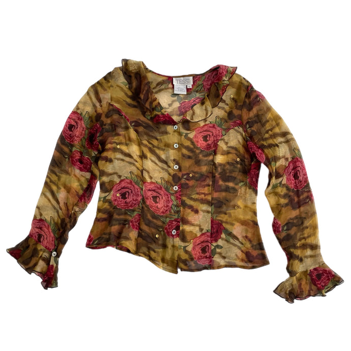 VINTAGE TIGER PRINT FLORAL SILK BLOUSE
