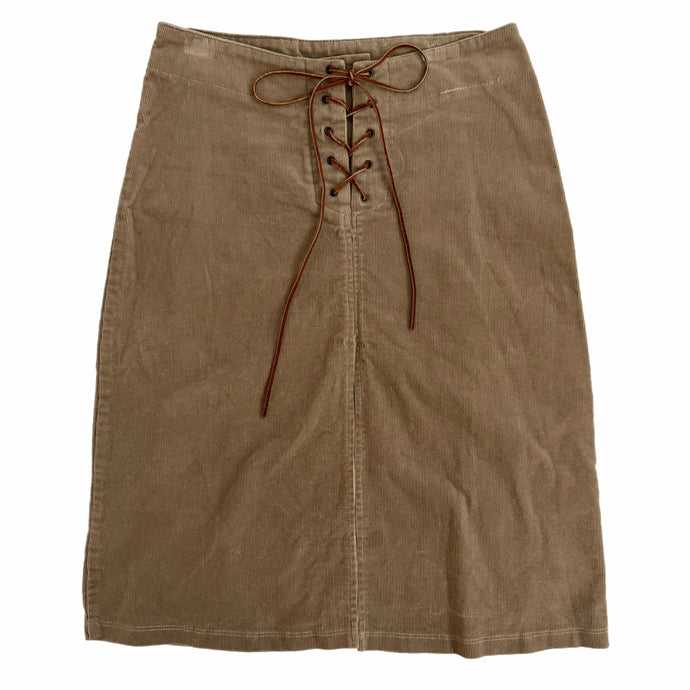 VINTAGE CORDUROY AND SUEDE LACE UP MIDI SKIRT