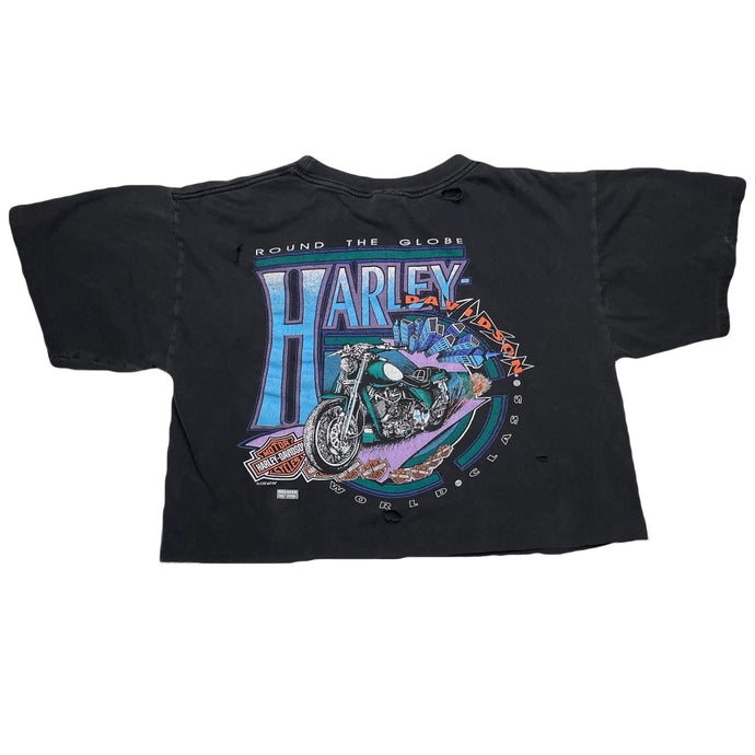 VINTAGE DISTRESSED HARLEY ROUND THE GLOBE CROP TEE