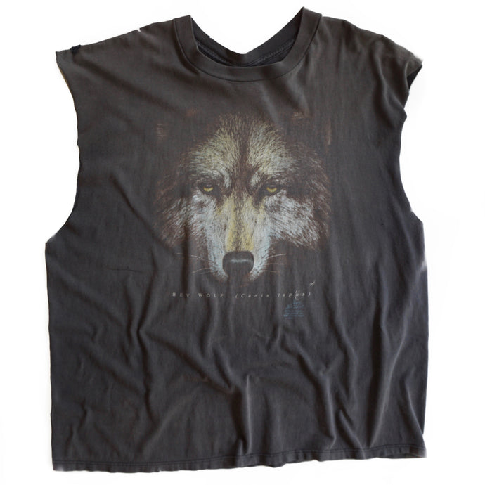 VINTAGE DISTRESSED WOLF 3D EMBLEM MUSCLE TEE